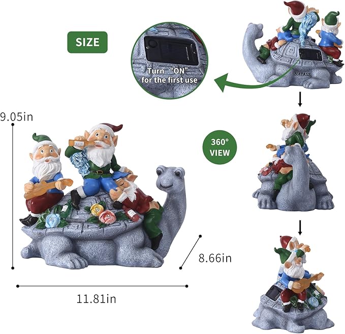 NATASE Upgraded Size Solar Garden Outdoor Statues Gnome Turtle Three Gnomes Having Party on Turtle with 7 LED Lawn Decor Outside Decorations for Patio, Balcony, Yard Ornament Unique Garden Gift