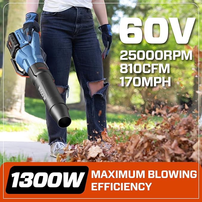 60V Cordless Leaf Blower, 810 CFM & 170 MPH for Powerful Yard Cleaning, Includes 4.0Ah Battery & Charger, Features Brushless Motor, Variable Speed and Cruise Control, Ideal for Lawns and Leaf Blowing