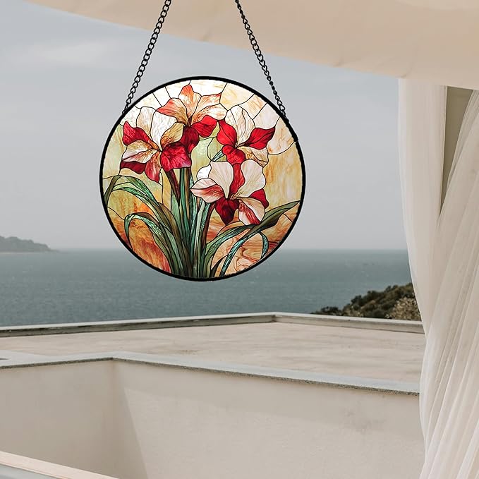 CRISGIF Stained Glass Window Hanging - Red Gladiolus Flower Suncatcher for Door Yard Sun Catchers Decor Christmas Mother's Day Birthday Gifts for Lovers Women Mom Nana Girlfriend Wife 11.8 in