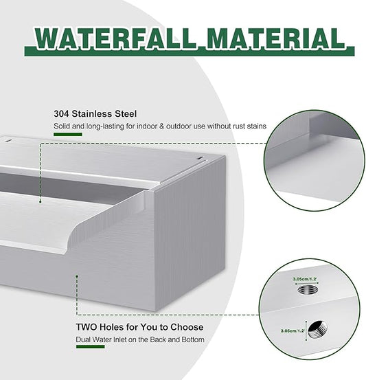 Waterfall Pool Fountain LONGRUNNEW 304 Stainless Steel 9.06" Rectangular Waterfall Spillway, Water Fall Fountain with Pipe Connector for Garden Outdoor, Swimming Pools, Fountains, Pond and Spa