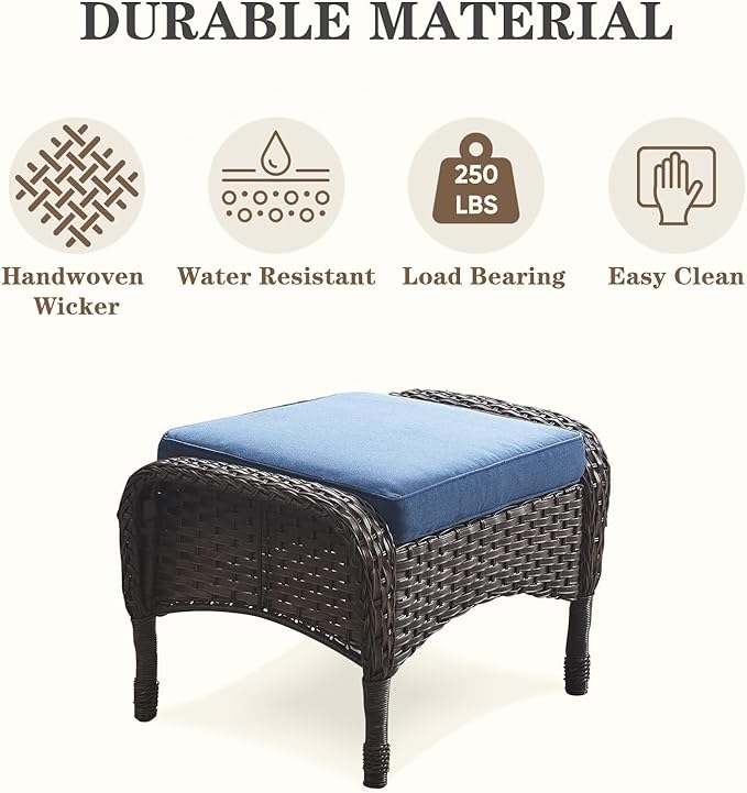 5 Piece Swivel Rocker Glider Outdoor Chairs Set of 2 with Ottoman and Glass Side Table Patio Bistro Furniture Set, Comfort High Back Wicker Patio Conversation Set for Deck Porch Sunroom