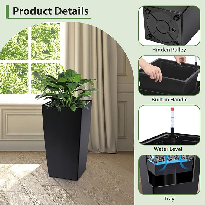 CABIHOME 30 Inch Tall Outdoor Planters Set of 2, High Front Porch Planter Pots with Drainage Holes, Water Level Monitor and Wheels, for Porch or Patio, Black