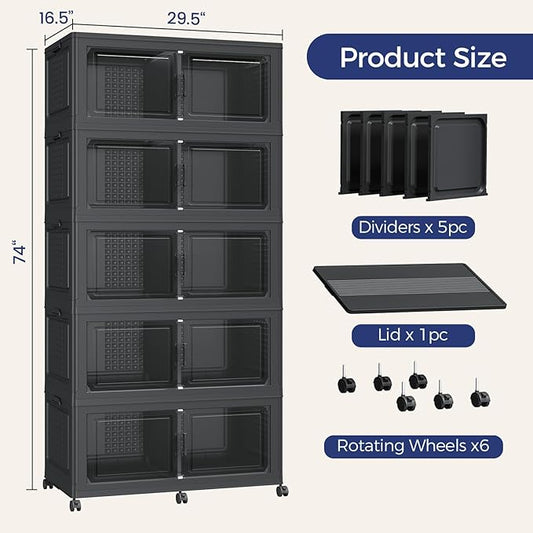 800 QT Extra Large Stackable Storage Bins with Lid, 200 Gal Collapsible Storage Box with Wheels, Folding Closet Organizers and Storage Cabinet with Doors for Home, Kitchen, Office, 5Pack Black