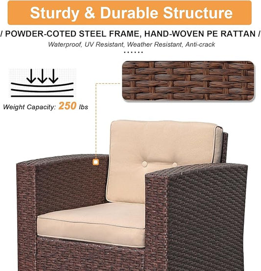 Super Patio 8 Pieces Outdoor Patio Furniture Set with 45” Fire Pit Table, Rattan Patio Conversation Sets with 50000 BTU Gas Fire Pit, Wicker Sectional Sofa Set with Storage Box, Brown(Without Table)