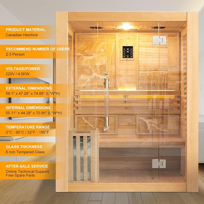 Smartmak Wood Home Steam Sauna, WiFi Control 3 Person Canadian Hemlock Traditional Luxurious Wooden Indoor Spa Room, with 4.5 kw Heater, Speaker, Rocks, Water Bucket, Spoon, Sky Lights