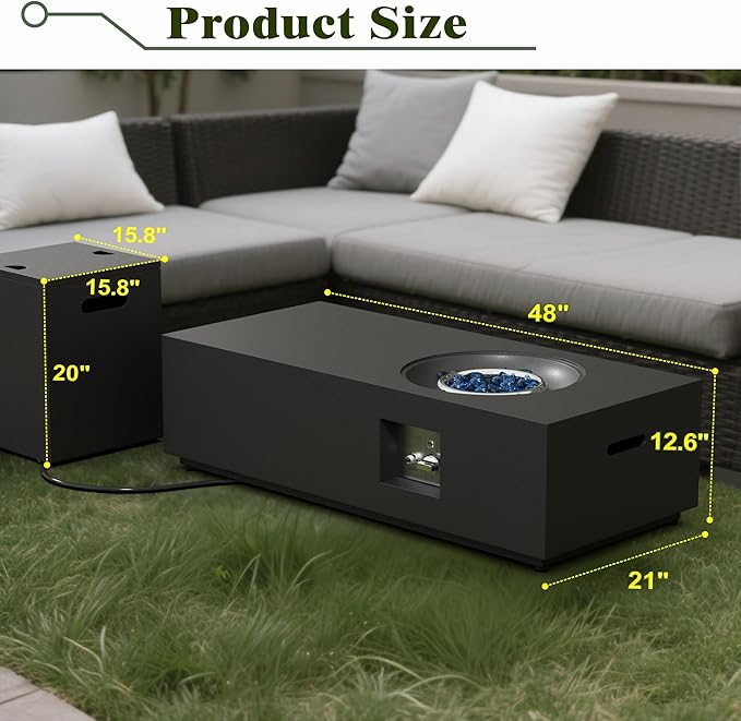 Dineli 2-Piece Outdoor Propane Fire Pit Table Set w Tank Table 48'' Rectangular Firepit Gas Fire Pits for Outside Patio Tabletop Fire Pits w LED, 50,000 BTU (Black with Warmlight)