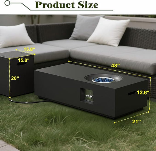 Dineli 2-Piece Outdoor Propane Fire Pit Table Set w Tank Table 48'' Rectangular Firepit Gas Fire Pits for Outside Patio Tabletop Fire Pits w LED, 50,000 BTU (Black with RGB Light)