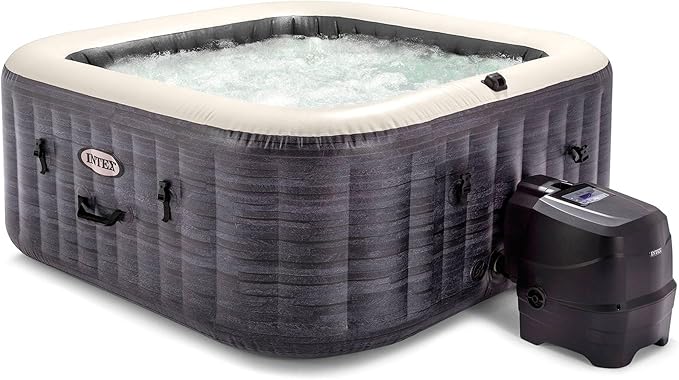 Intex Handheld Above Ground Pool Vacuum Cleaner with 2 Brush Heads and PureSpa Plus 4 Person Inflatable Square Hot Tub Spa, Greystone