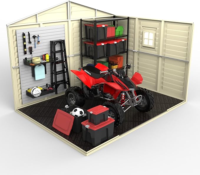 Duramax Woodbridge Plus 10.5 x 8 (8.02 m2) Plastic Garden Shed with 1 Fixed Window & Metal Foundation Kit, Strong Metal Roof Structure Fire Retardant and Maintenance-Free Storage Shed - Ivory/Brown
