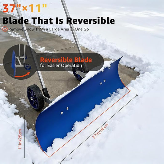 37-inch Snow Pusher Shovel with Wheels, Lightweight Aluminum Alloy Snow Plow for Driveway & Sidewalks, Reversible & Angled Blade, 90° Ergonomic Handle for Efficient Snow Removal, Back Saver