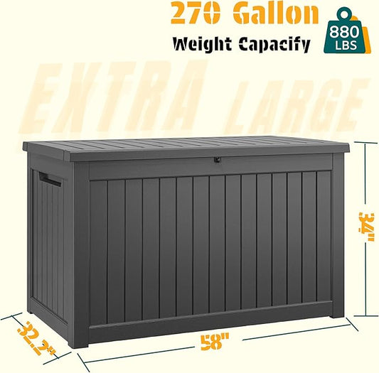 NUNU LAB 270 Gallon Large Resin Deck Box, Waterproof Outdoor Storage Box, Lockable Storage Bin for Patio Furniture, Garden Tools, Pool Accessories, UV-Resistant & All-Weather, Black