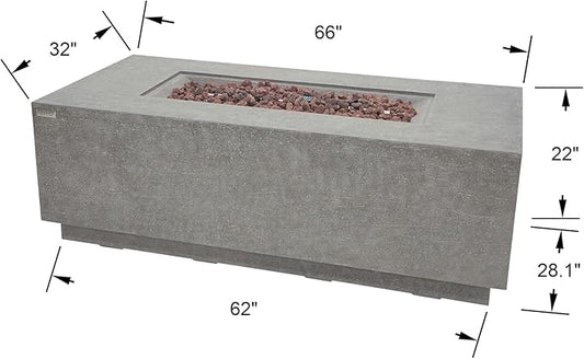 ELEMENTI Andes Propane Gas Fire Pit Table | Rectangular Concrete Fireplace with Concealed Propane Tank Storage Drawer | Electronic Ignition | Light Gray