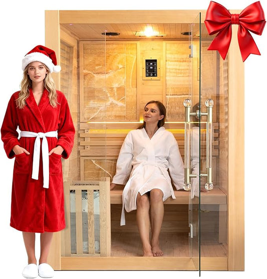 Smartmak Wood Home Steam Sauna, 3 Person Canadian Hemlock Traditional Luxurious Wooden Indoor Spa Room, with 3.5 kw Heater, Bluetooth Speaker, Rocks, Water Bucket, Spoon, Lights, US Instock