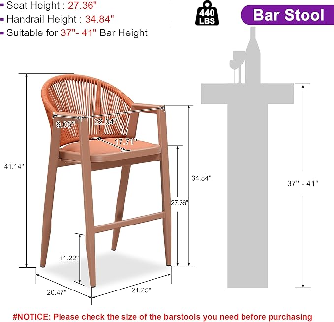 PURPLE LEAF Outdoor Bar Stools Set of 2 Wicker Bar Stools Woven Bar Height Stool Bar Chairs Aluminum Barstool for Patio Kitchen Island Lawn Orange