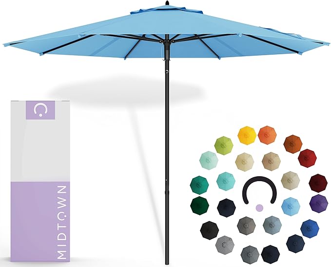 Midtown Umbrellas Push Pop Sunbrella Umbrella 9 Feet Outdoor Umbrella in Capri Fabric - Patio Umbrella, Backyard Umbrella, Garden Umbrella, Picnic Table Umbrella & Pool Umbrella - Black Pole