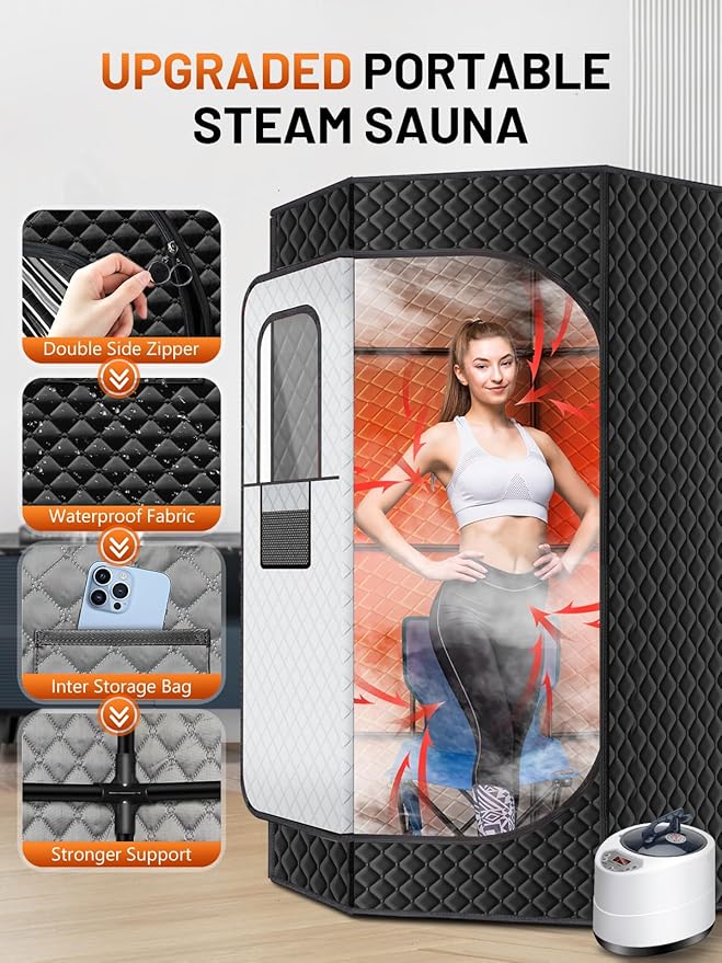 Portable Sauna Box for Home, Personal SPA Steam Sauna with 10 Min Fast Heating & 9 Levels Heat, Warm Sauna Tent with 3L/1200W Steamer, Folding Chair, Remote Control for Body Relaxation