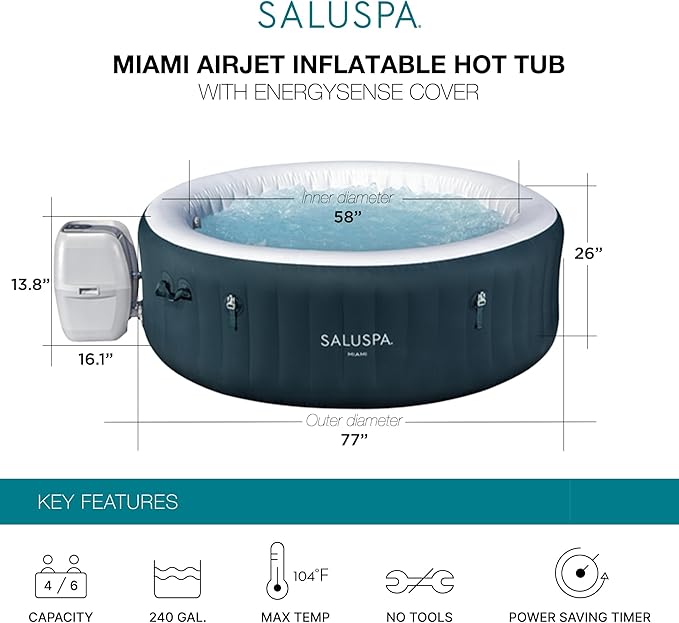Bestway SaluSpa Miami AirJet 4-6 Person Inflatable Hot Tub Round Portable Outdoor Spa with 140 AirJets and EnergySense Energy Saving Cover, Dark Green
