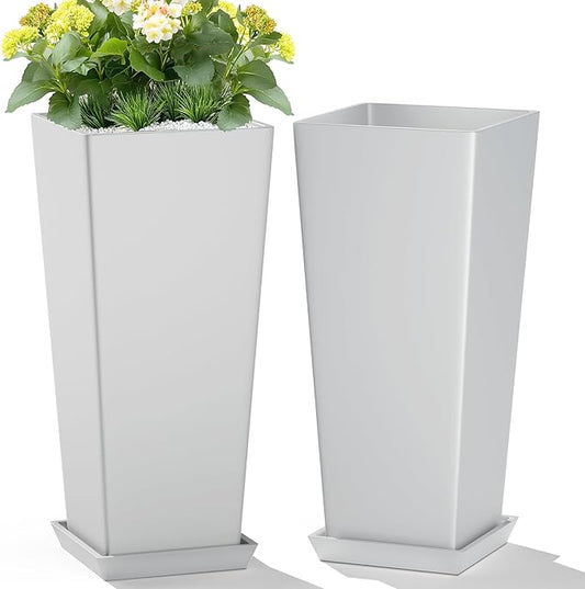 Set of 2 Tall Planters, 24" Large Indoor Outdoor Flower Pots with Tray, Modern Tapered Planters for Porch, Patio, Garden, Backyard(White)