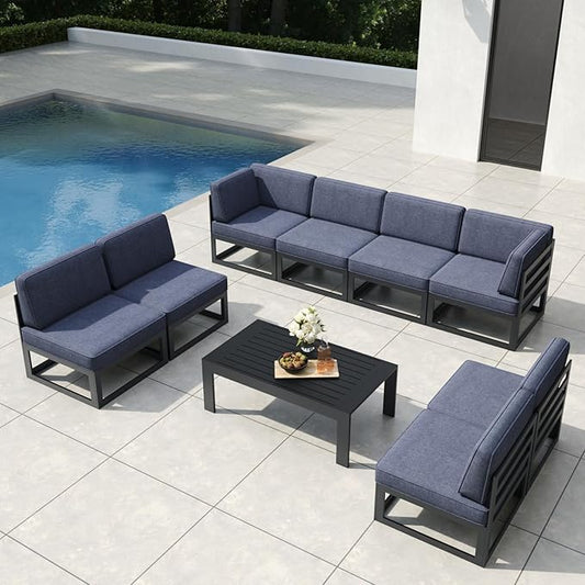 9 Pieces Aluminum Patio Furniture Set with Coffee Table, Metal Outdoor Conversation Sofa Set with Seating Cushions