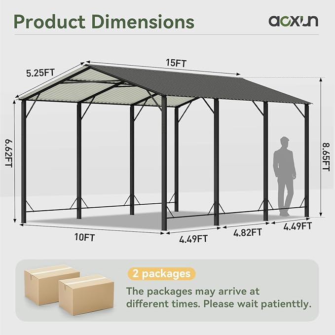 Aoxun 10x15 FT Metal Carport, Heavy Duty Carport Canopy with Reinforced Frame and Enhanced Base, Outdoor Car Canopy for Pickup Trucks, Cars, SUVs, Tractors and Boats