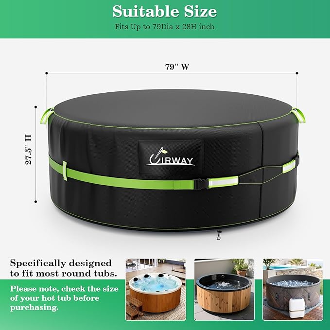 Uirway 600D Round Hot Tub Cover 79 x 28 Inch [2025 Upgraded Heavy Duty Fabric] Outdoor Waterproof Full Coverage Hot Tub Winer Covers, New Super Windproof Straps, Fits Most 6 Person Inflatable Hot Tubs