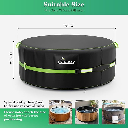 Uirway 600D Round Hot Tub Cover 79 x 28 Inch [2025 Upgraded Heavy Duty Fabric] Outdoor Waterproof Full Coverage Hot Tub Winer Covers, New Super Windproof Straps, Fits Most 6 Person Inflatable Hot Tubs