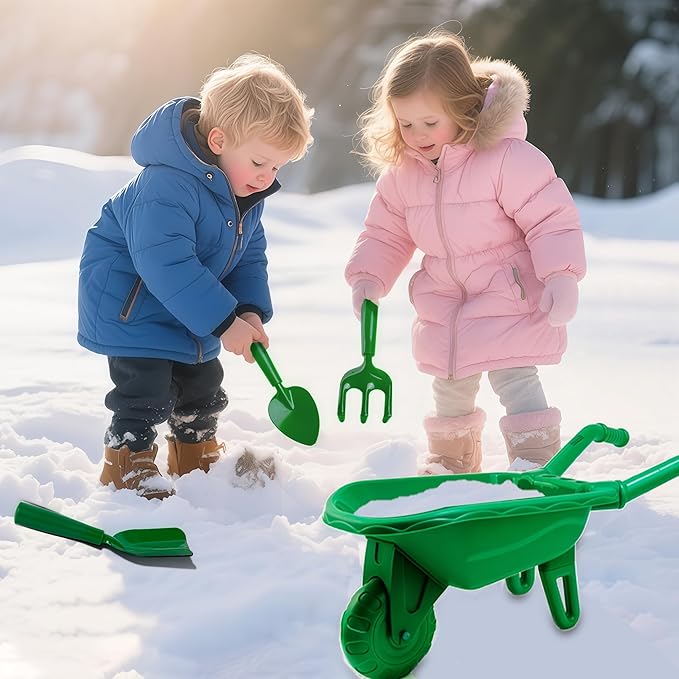 Duckura Kids Wheelbarrow Set - Gardening Tools for Kids with Shovel, Rake, Trowel, Outdoor Yard Lawn Digging Weed Toys, Valentine's Birthday Gifts for Boys Girls Age 2 3+Years Old(Green B)