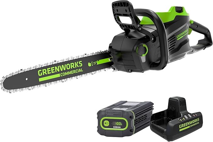 Greenworks 82V 16" Brushless (2.4 kW) Cordless Chainsaw (225 Cuts Per Charge), 4.0Ah Battery and Dual Port Rapid Charger (Great For Landscapers and Professionals