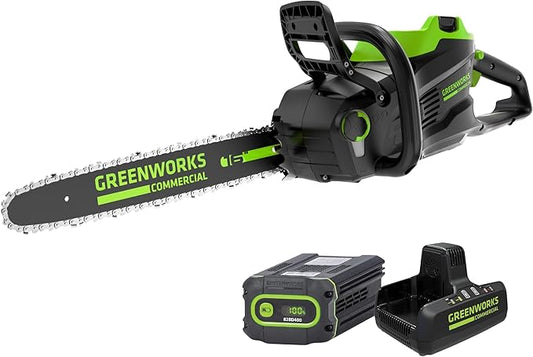 Greenworks 82V 16" Brushless (2.4 kW) Cordless Chainsaw (225 Cuts Per Charge), 4.0Ah Battery and Dual Port Rapid Charger (Great For Landscapers and Professionals