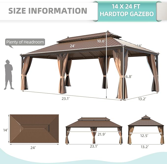 MELLCOM 14' x 24' Hardtop Gazebo,Galvanized Steel Metal Double Roof with Curtain and Netting,Brown Permanent Pavilion Gazebos with Aluminum Frame for Patios,Gardens,Lawns