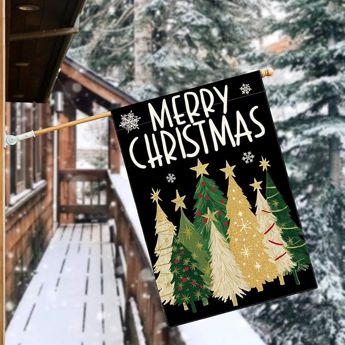 AVOIN colorlife Merry Christmas House Flag 28x40 Inch Double Sided Outside, Christmas Trees Winter Holiday Yard Outdoor Flag Black