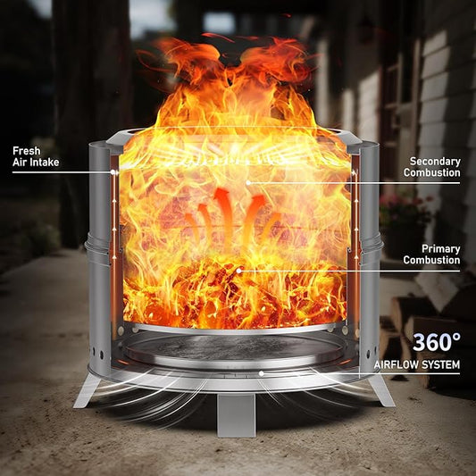 Breezz Smokeless Fire Pit 19.3 Inch Stainless Steel Outdoor Wood Burning Firepit with Carry Bag, Portable Bonfire Stove for Backyard, Patio, Camping, and Picnic, Efficient Airflow & Low Smoke Design
