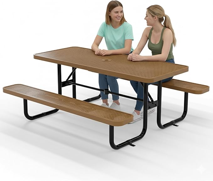 OUTTANS Commercial Heavy-Duty Metal Picnic Table - ADA Compliant, Adjustable Seats, Umbrella Hole (Brown, 6' Rectangular, Punched Steel)