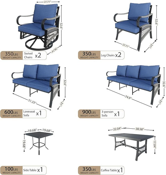 8 Pieces Modern Patio Furniture Set, All Weather Metal Outdoor Conversation Sets with 5.1" Extra Thick Cushion for Backyard Garden Deck Porch Poolside, Blue
