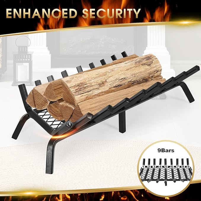 G GOOD GAIN Fireplace Grate with Ember Retainer, 30in Heavy Duty Steel Indoor, Chimney Hearth Wood Stove Burning Rack Holder,1/2 Bar Fire Place Asseccories for Outdoor, Fire Pits, Camping.