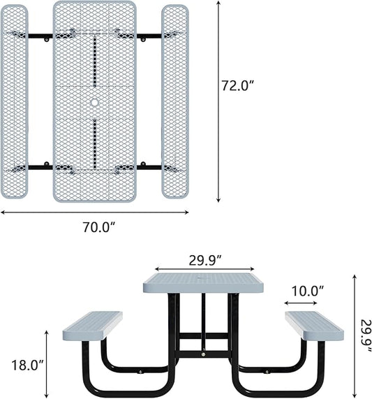 6 FT Heavy Duty Picnic Table with 2 Benches, Expanded Metal Outdoor Patio Dining Table with Umbrealla Hole Commercial Picnic Table,Rectangular Table Furniture Set for Garden, Lawn, Parks