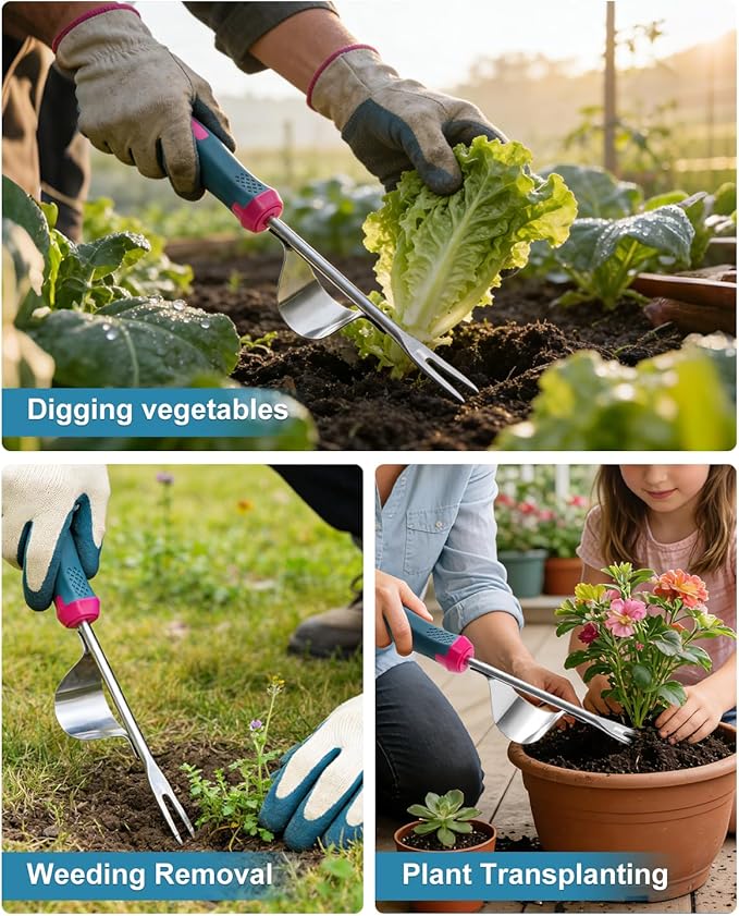 Weed Puller Tool, Stainless Steel Hand Weeder with Metal Leverage Base and V-Shaped Forks for Easy Weed Removal & Deep Root Digging, Ergonomic Soft Grip Handle Manual Weeding Tool for Garden and Lawn