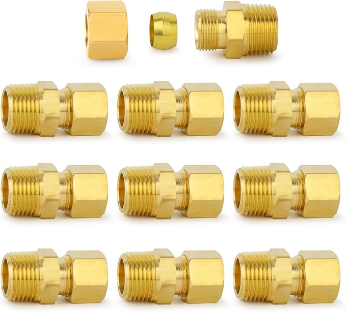 ChillWaves Brass Compression Tube Fitting, 1/4" OD x 1/4" NPT Male Compression Union Connector(10-PACK)
