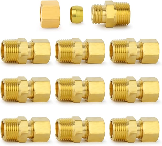 ChillWaves Brass Compression Tube Fitting, 3/8" OD x 3/8" NPT Male Compression Union Connector(10-PACK)
