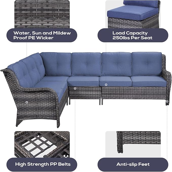 Belord Outdoor Furniture Sectional Sofa L Shaped Couch - Patio Wicker Set with 2 Swivel Glider Chairs, 5 Piece Rattan Patio Conversation Sets with Blue Cushion for Deck Backyard Sunroom