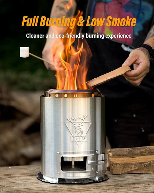 YEFU Tabletop Fire Pit 9.7 x 7.1 in, Flame Intensity Control Camping Stove for Outdoor & Patio, Fueled by Pellets or Wood, Safe Burning Table Top Firepit, with Travel Bag & 2 Mini Sticks, Silver