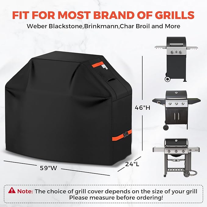 Kiafmol 59Inch Heavy Duty Grill Cover for Outdoor Grill Thick Waterproof UV & Fade Resistant BBQ Cover with Adjustable Straps, Suitable for Weber,Black Stone, Charbroil etc, Black