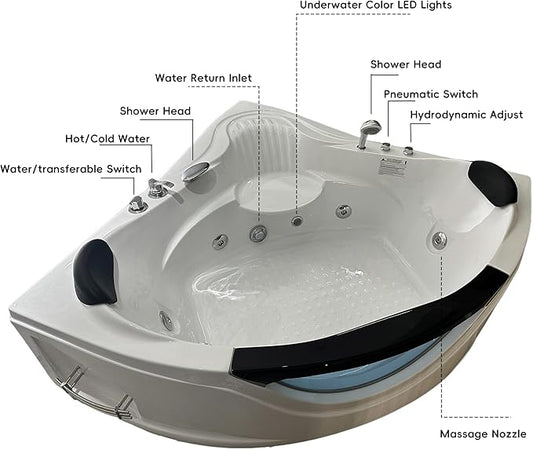59"x59" Jetted Corner Tubs with 6 Whirlpool Nozzles, 2 Person Massage Whirlpool Bathtub with Pillows, Hydro Massage, Chromatherapy LED Lights, Certified Water Pump, Pneumatic Adjust System