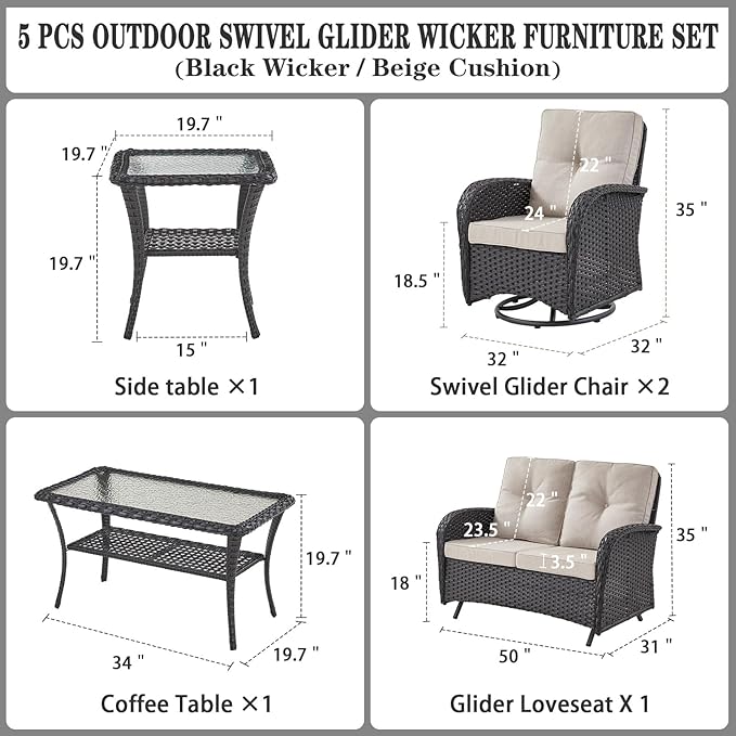 Belord 5 Piece Wicker Patio Furniture Set - Outdoor Conversation Sets with Deep Seating Swivel Rocker Chairs Loveseat and Rattan Coffee Table for Deck Backyard Poolside, Black Wicker/Beige Cushion
