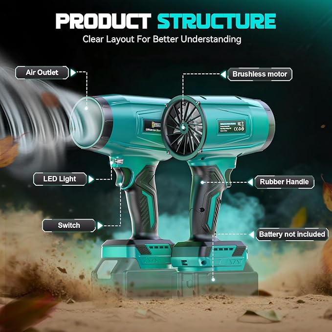 DIYtoolifz 800,000RPM Cordless Leaf Blower Compatible with Makita 18V (Tool Only), Brushless Motor, Adjustable Speed, Lightweight Portable Electric Blower for Car, Patio, Garden (Without Battery)