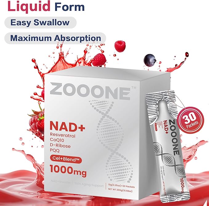 zooone NAD+ Supplement with Resveratrol, Liquid Designed to Help Support Absorption, 1000mg NMNH Supplement Alternative for Anti-Aging, Boost Energy, Support Cellular, 30 Pockets