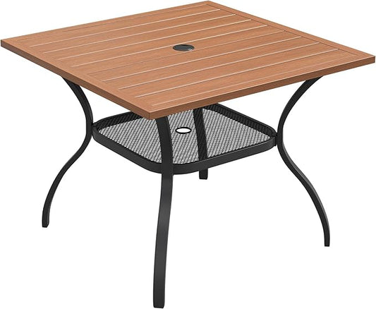 VICLLAX Patio Dining Table for 4 Square Metal Outdoor Table with Umbrella Hole and Storage Shelf for Garden Lawn Balcony Deck, Walnut