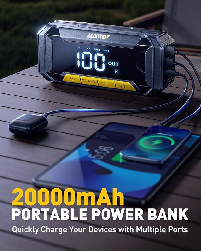 AUXITO 8000A Car Battery Jump Starter Boost Force Start Function Jump Box 60W Fast Charging 160W DC Output Portable Jump Starter for 12V Vehicle 700LM Super Bright Flashlight (All Gas/Diesel)
