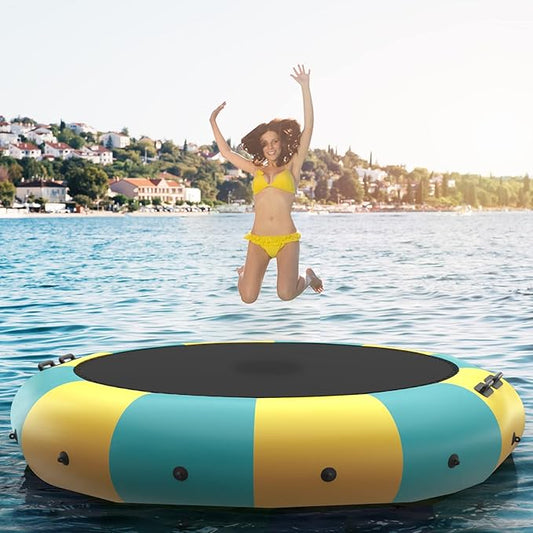 GYMAX Water Trampoline, Floating Lake Trampoline with Electric Pump & Rope Ladder, Inflatable Water Bouncer for Lake, Heavy Duty for Adults