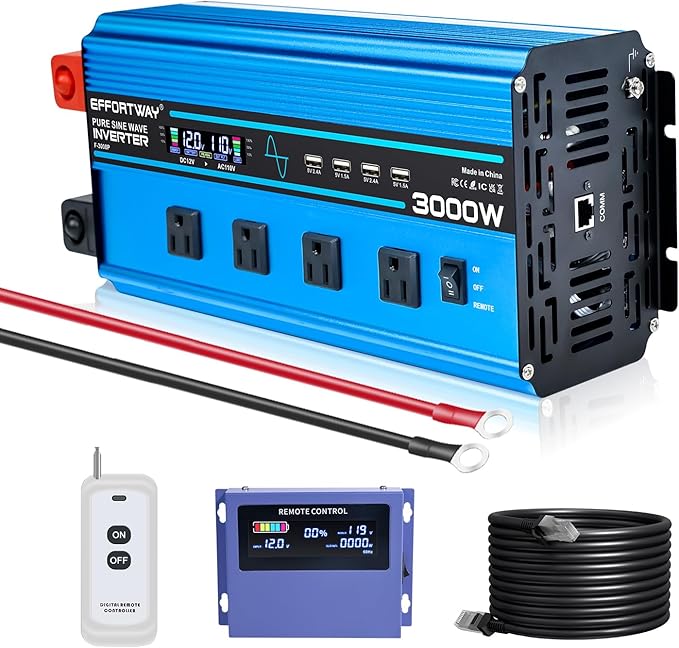 3000w Pure sine Wave Inverter DC 12V to AC 110V/120V Converter, 6000w (Peak) with LCD Display, Wireless/Wired Remote Control, 4AC outlets and 4USB.Ideal for Camping, RV Travel, Off-Grid Solar Systems